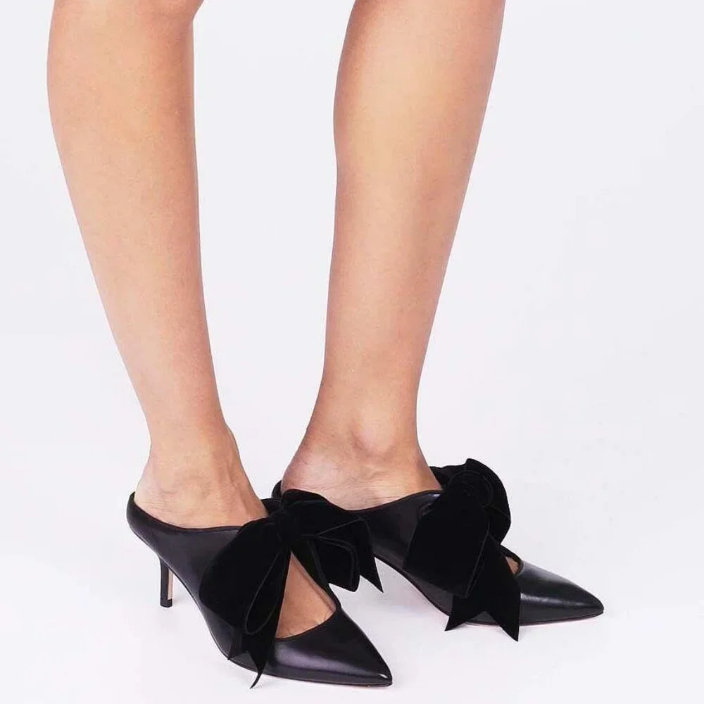 NWOB Tory Burch Clara Leather Mule w. Velvet Bow, Pointed Toe, Perfect‎ Black